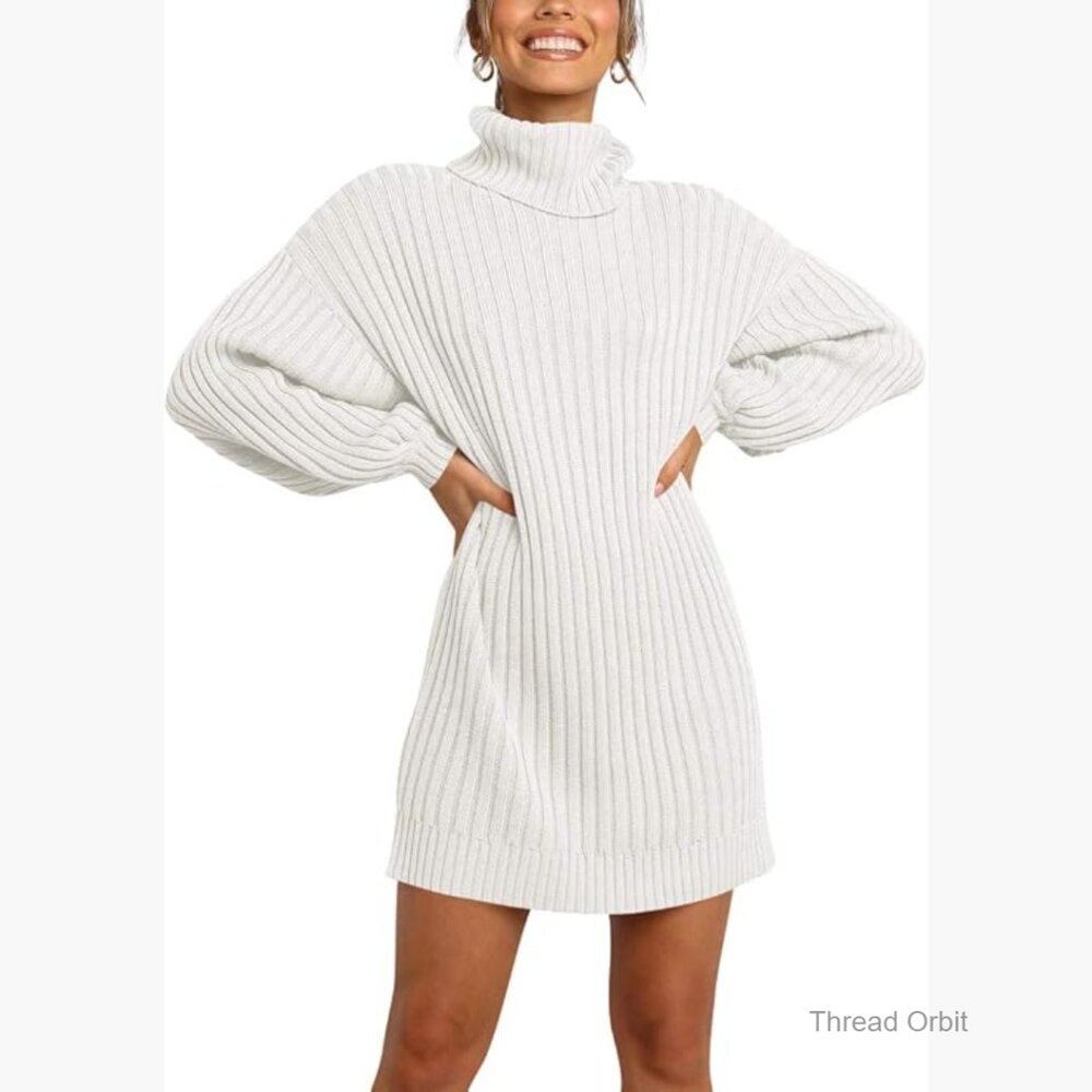 Oversized Sweater Dress Turtleneck Batwing Sleeve Ribbed Knit Casual